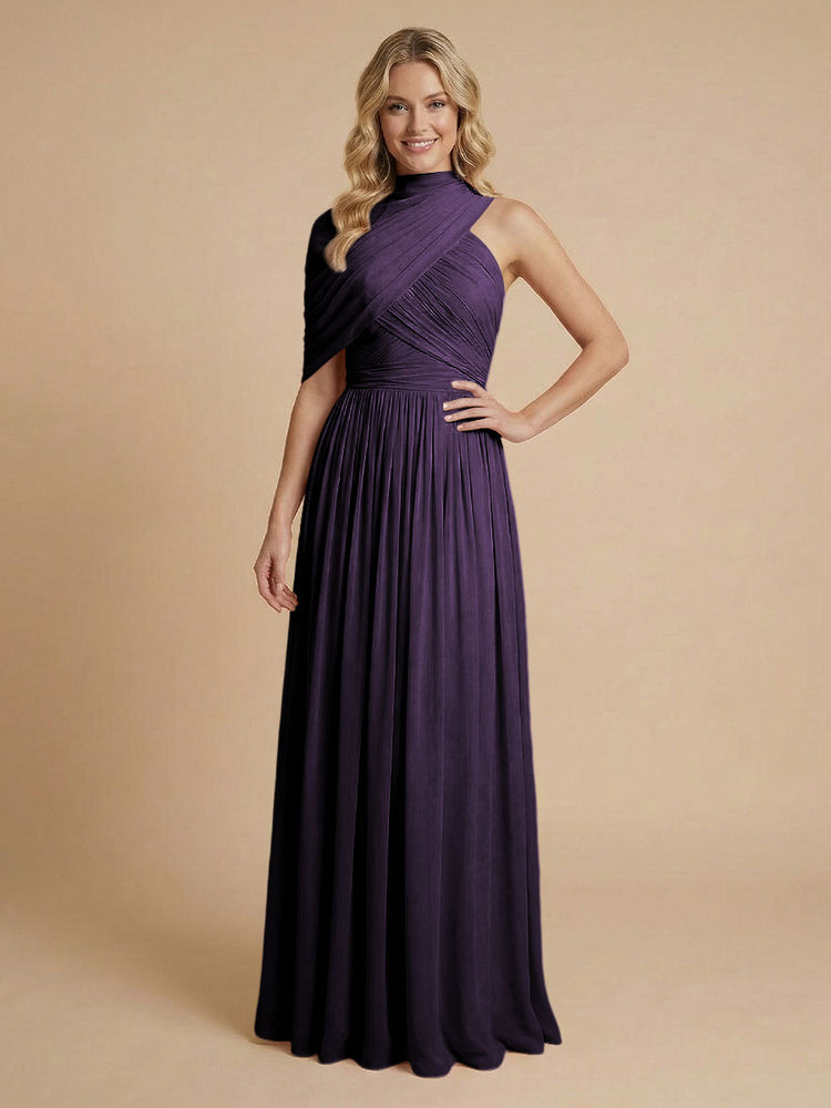 Chiffon A-Line High-Neck Asymmetric Long Bridesmaid Dresses with Pleats