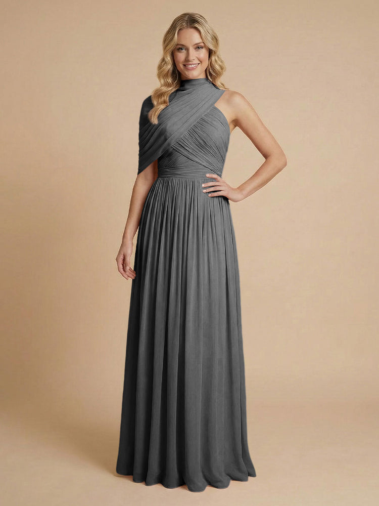 Chiffon A-Line High-Neck Asymmetric Long Bridesmaid Dresses with Pleats