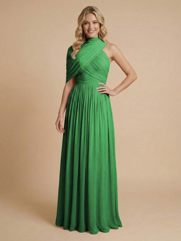 Chiffon A-Line High-Neck Asymmetric Long Bridesmaid Dresses with Pleats