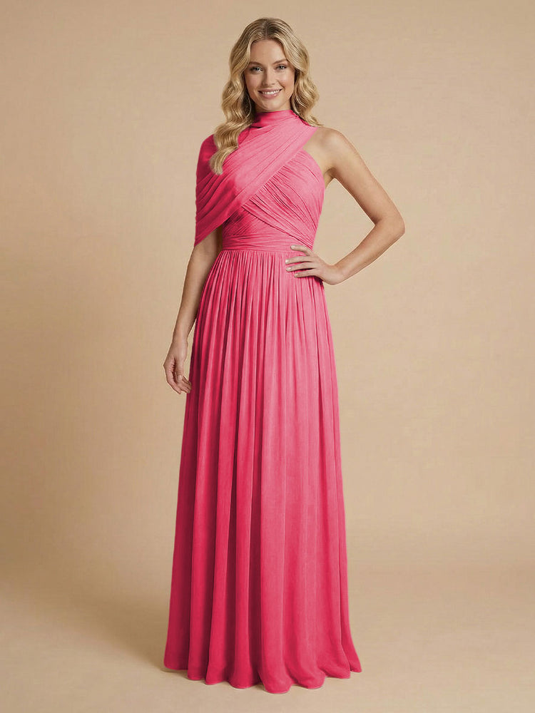 Chiffon A-Line High-Neck Asymmetric Long Bridesmaid Dresses with Pleats