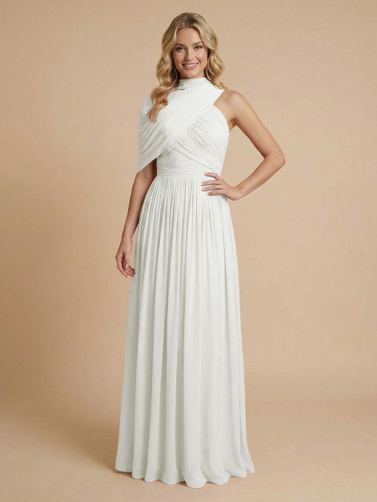 Chiffon A-Line High-Neck Asymmetric Long Bridesmaid Dresses with Pleats