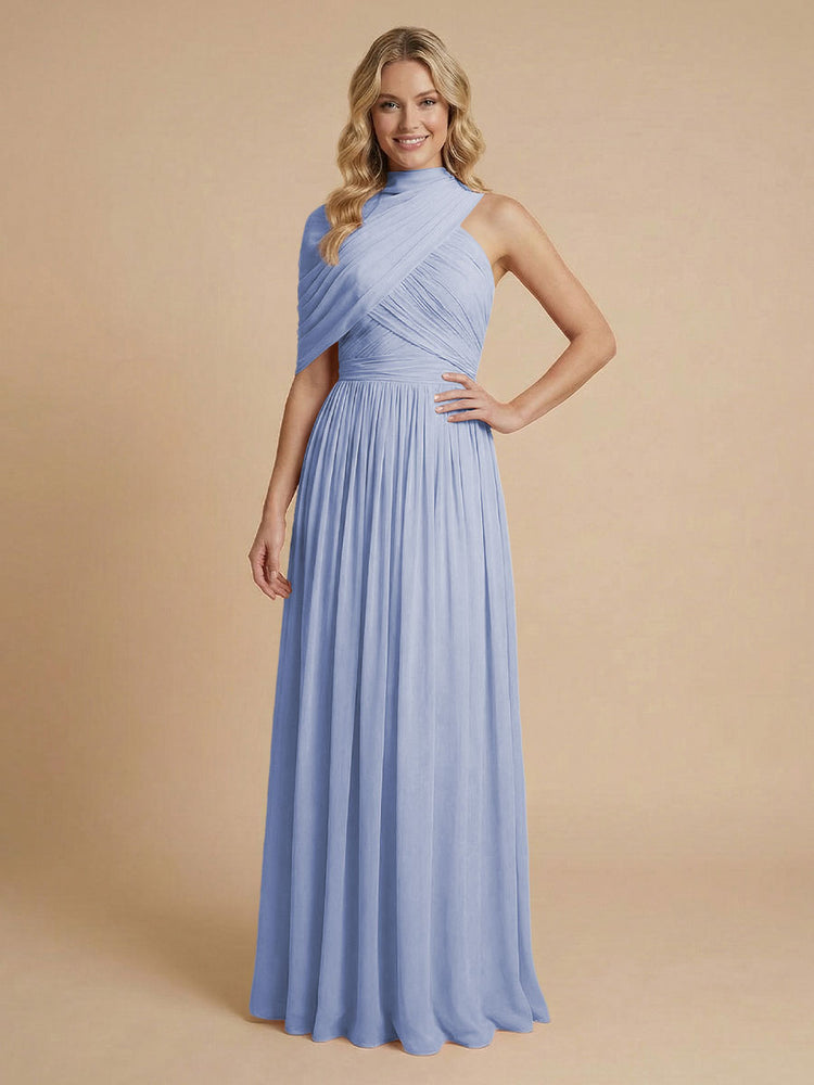 Chiffon A-Line High-Neck Asymmetric Long Bridesmaid Dresses with Pleats