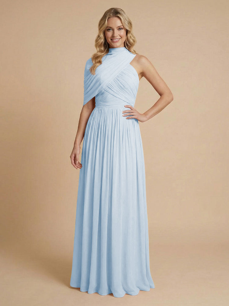 Chiffon A-Line High-Neck Asymmetric Long Bridesmaid Dresses with Pleats