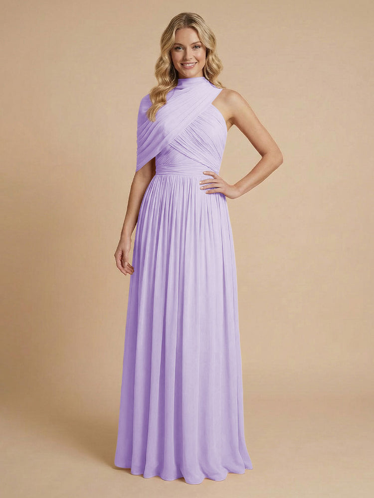 Chiffon A-Line High-Neck Asymmetric Long Bridesmaid Dresses with Pleats