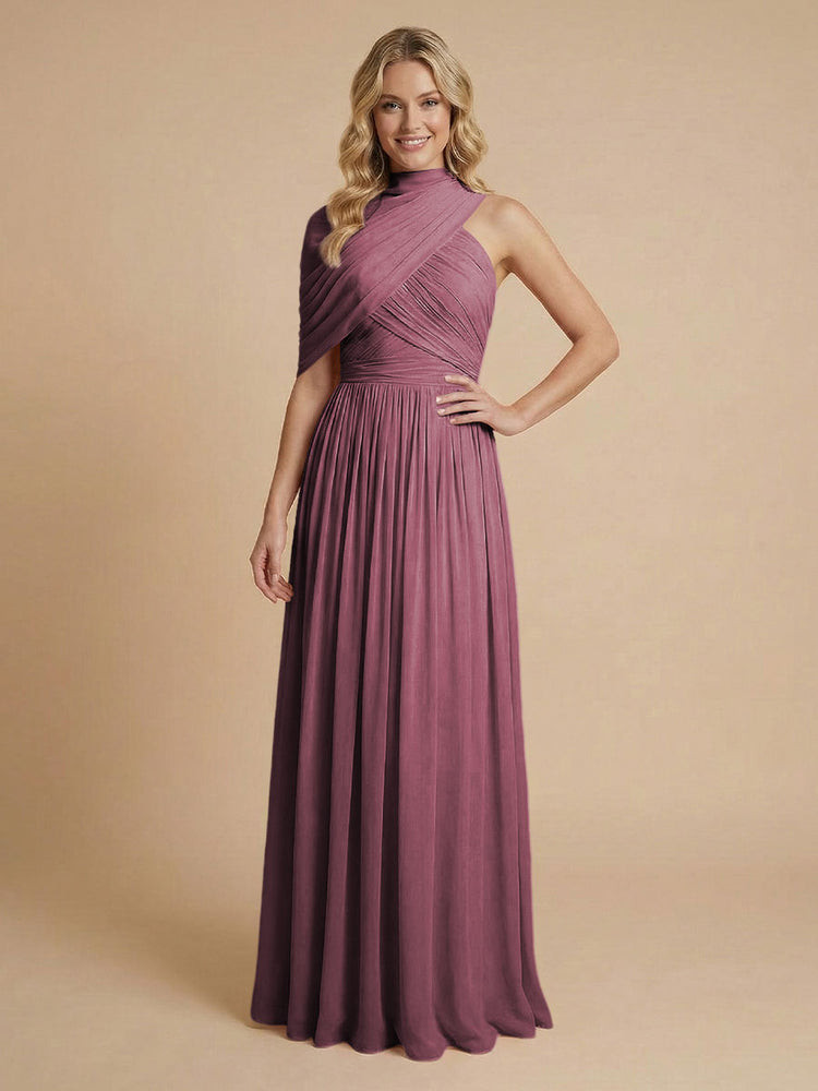 Chiffon A-Line High-Neck Asymmetric Long Bridesmaid Dresses with Pleats