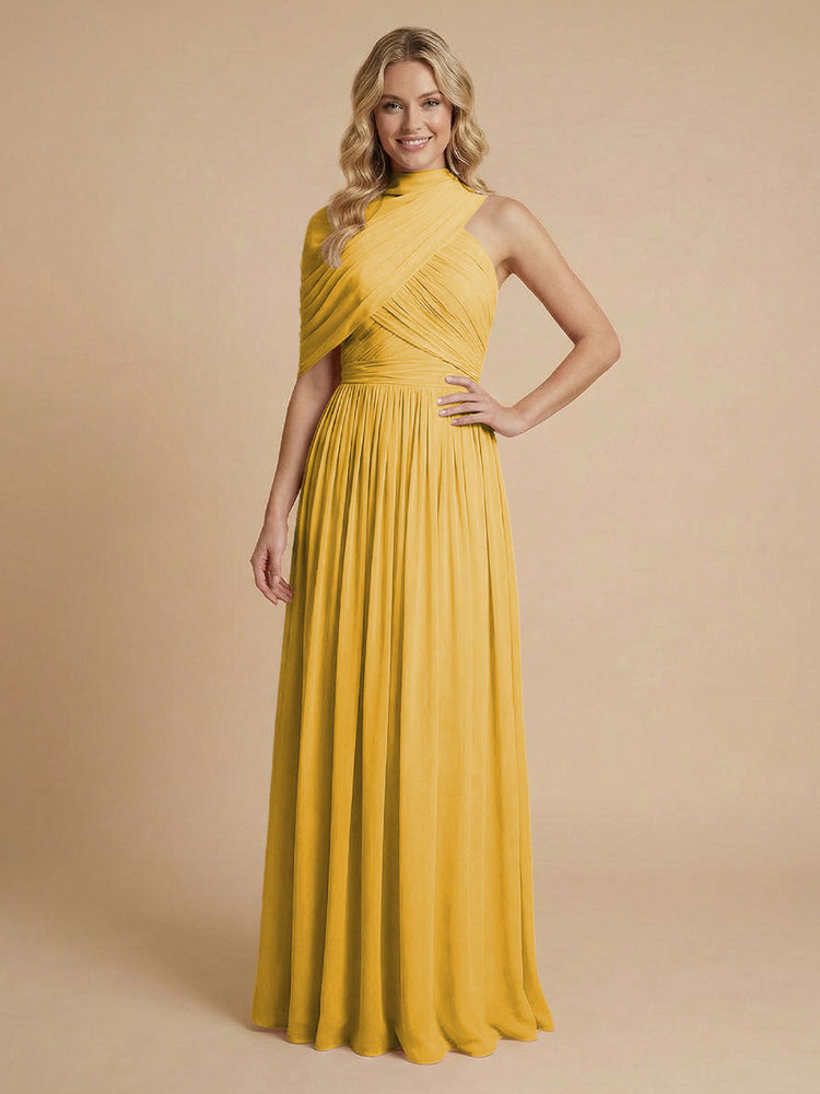 Chiffon A-Line High-Neck Asymmetric Long Bridesmaid Dresses with Pleats