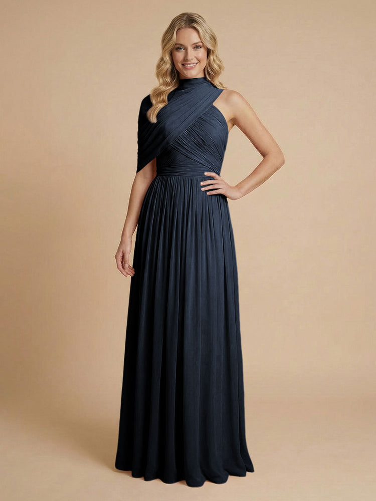 Chiffon A-Line High-Neck Asymmetric Long Bridesmaid Dresses with Pleats