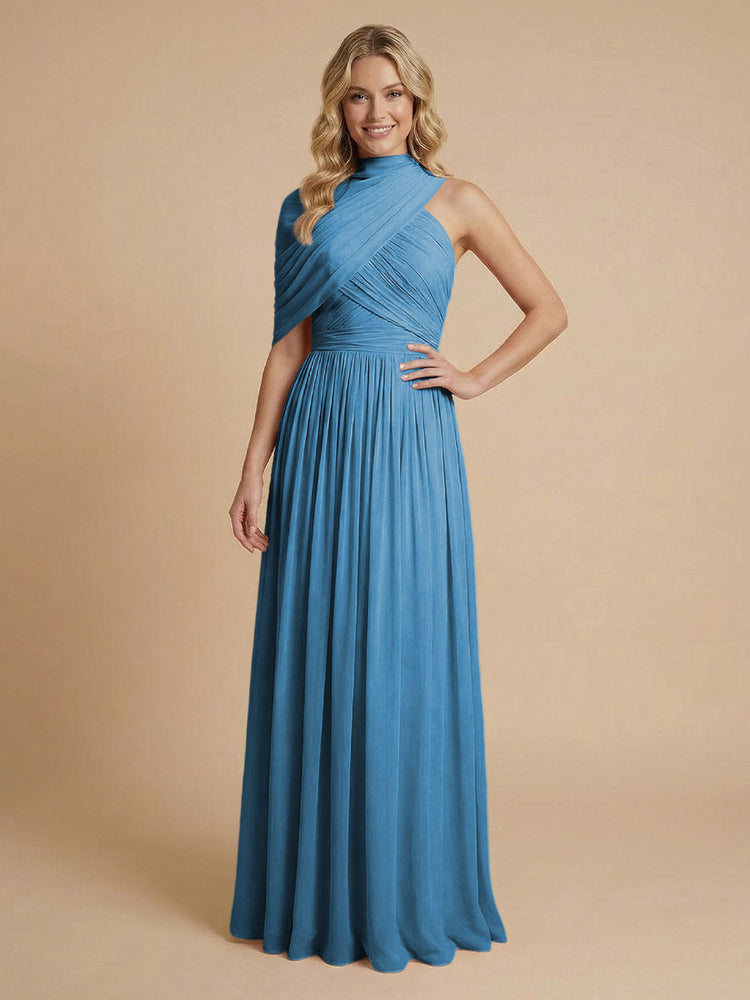 Chiffon A-Line High-Neck Asymmetric Long Bridesmaid Dresses with Pleats