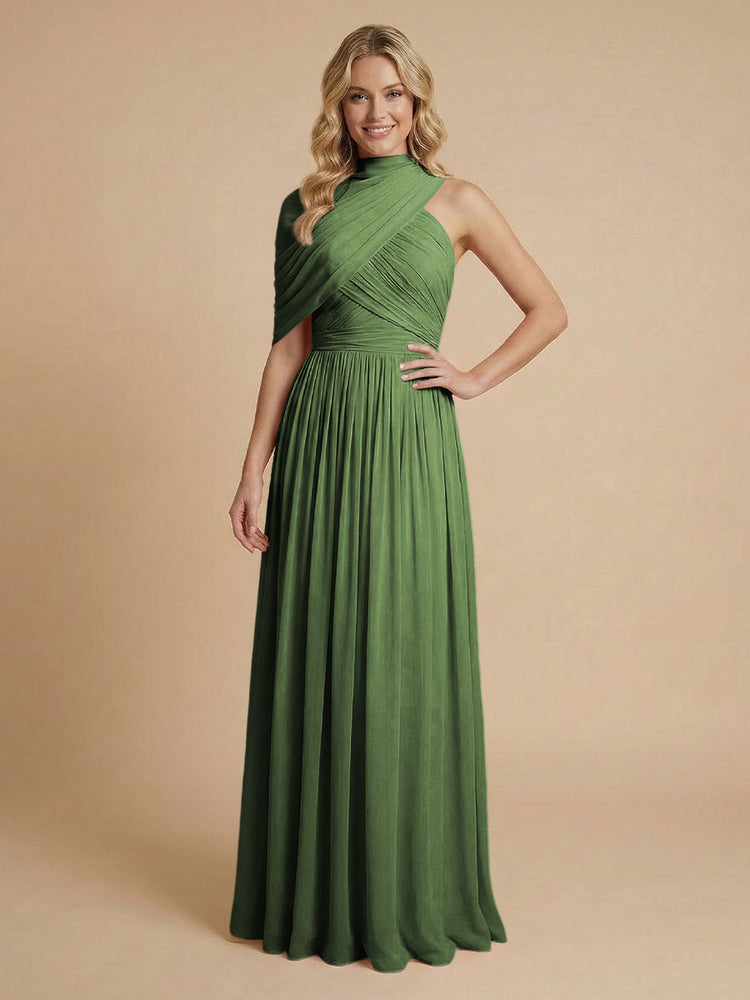 Chiffon A-Line High-Neck Asymmetric Long Bridesmaid Dresses with Pleats