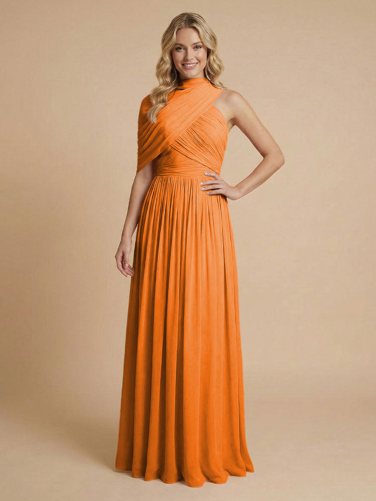 Chiffon A-Line High-Neck Asymmetric Long Bridesmaid Dresses with Pleats