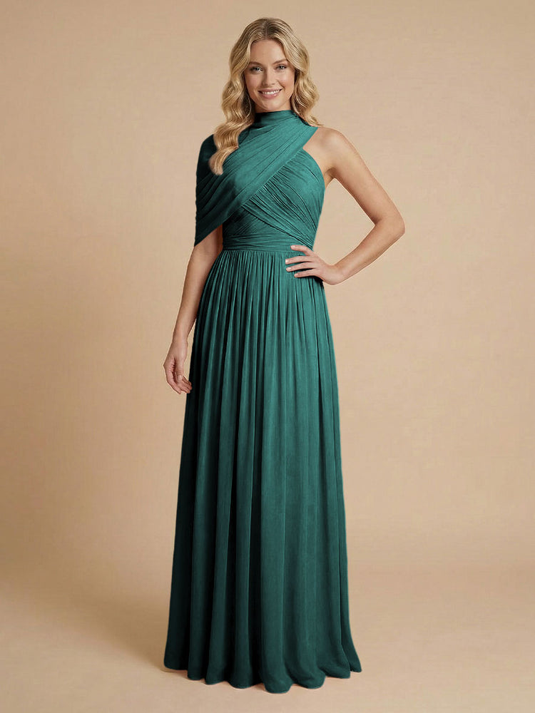 Chiffon A-Line High-Neck Asymmetric Long Bridesmaid Dresses with Pleats