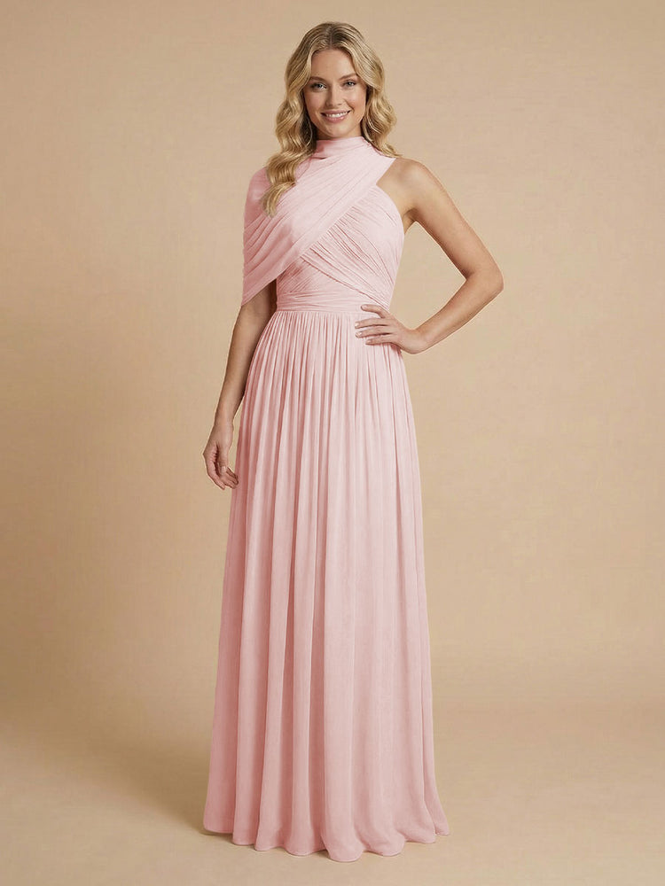 Chiffon A-Line High-Neck Asymmetric Long Bridesmaid Dresses with Pleats