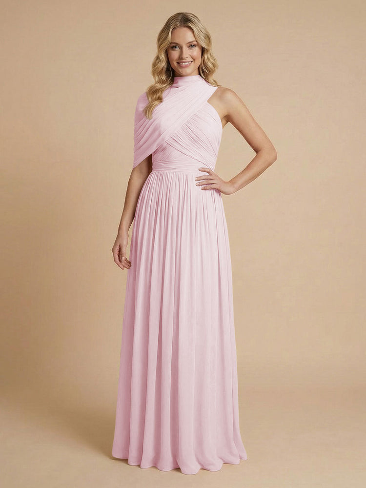 Chiffon A-Line High-Neck Asymmetric Long Bridesmaid Dresses with Pleats