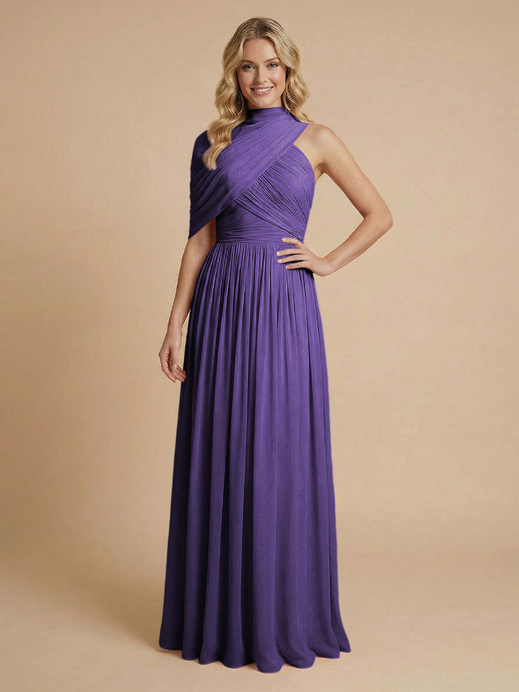 Chiffon A-Line High-Neck Asymmetric Long Bridesmaid Dresses with Pleats
