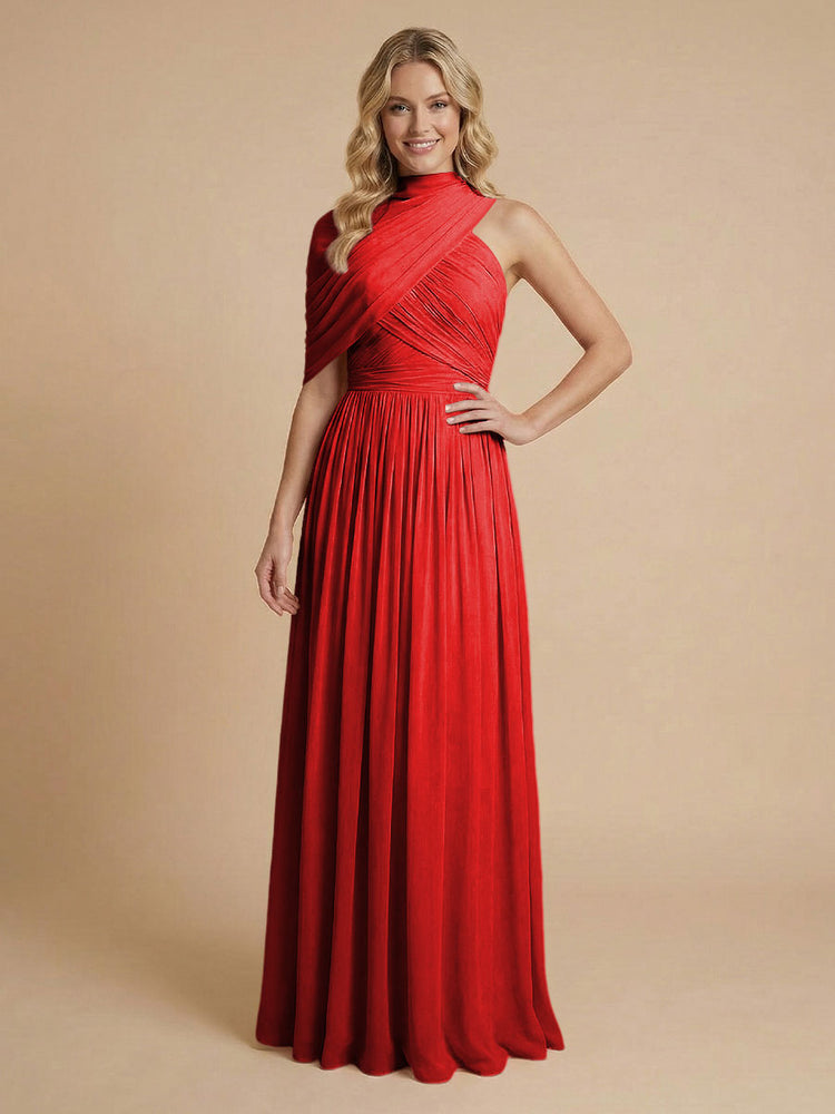 Chiffon A-Line High-Neck Asymmetric Long Bridesmaid Dresses with Pleats