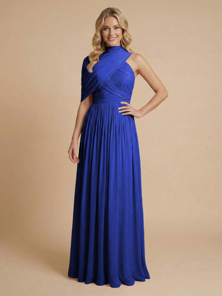 Chiffon A-Line High-Neck Asymmetric Long Bridesmaid Dresses with Pleats