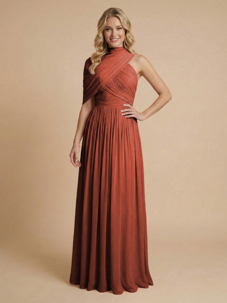 Chiffon A-Line High-Neck Asymmetric Long Bridesmaid Dresses with Pleats