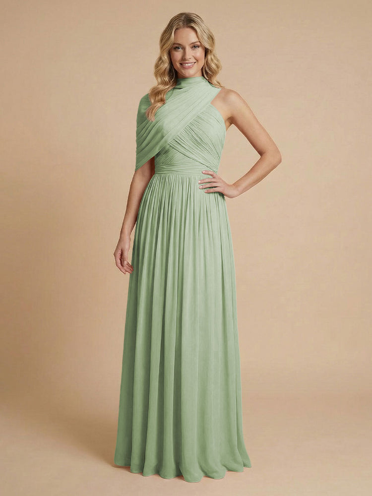 Chiffon A-Line High-Neck Asymmetric Long Bridesmaid Dresses with Pleats