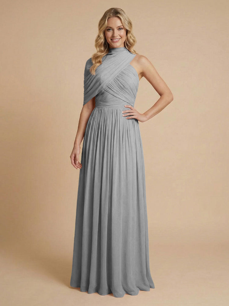 Chiffon A-Line High-Neck Asymmetric Long Bridesmaid Dresses with Pleats