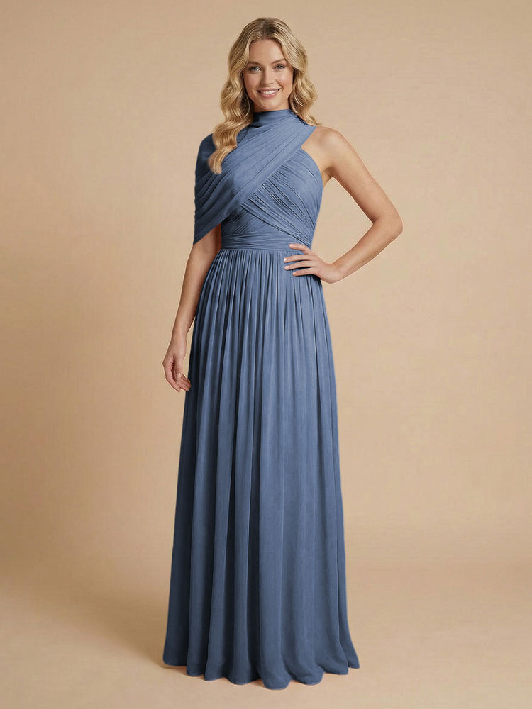 Chiffon A-Line High-Neck Asymmetric Long Bridesmaid Dresses with Pleats