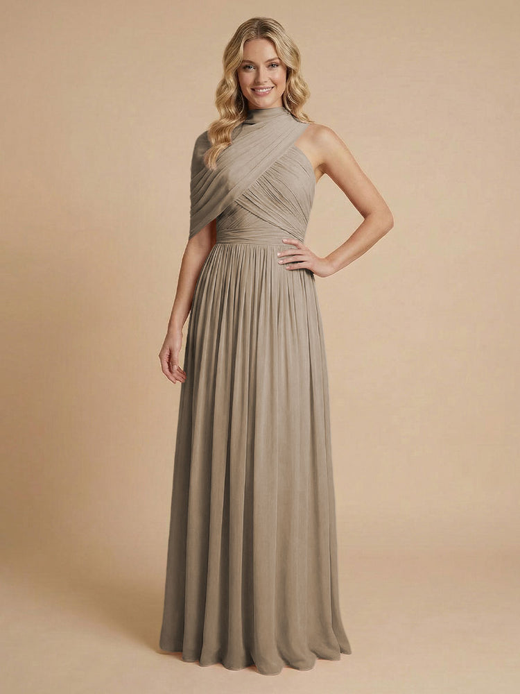 Chiffon A-Line High-Neck Asymmetric Long Bridesmaid Dresses with Pleats
