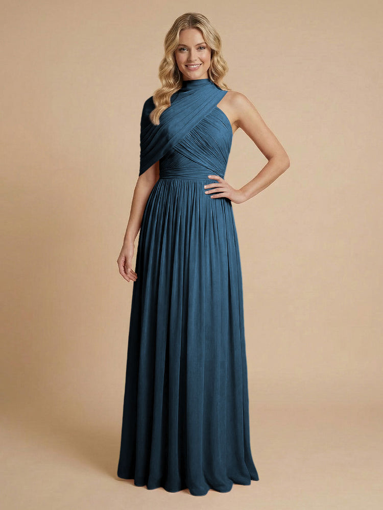 Chiffon A-Line High-Neck Asymmetric Long Bridesmaid Dresses with Pleats