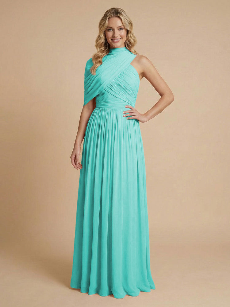 Chiffon A-Line High-Neck Asymmetric Long Bridesmaid Dresses with Pleats