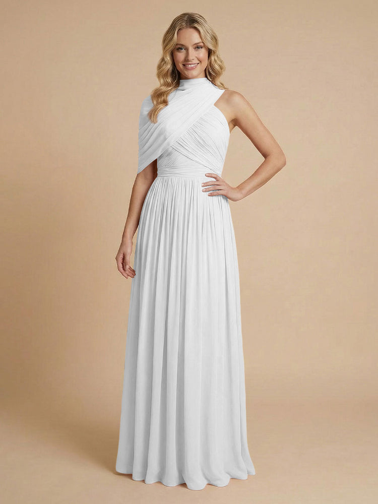 Chiffon A-Line High-Neck Asymmetric Long Bridesmaid Dresses with Pleats
