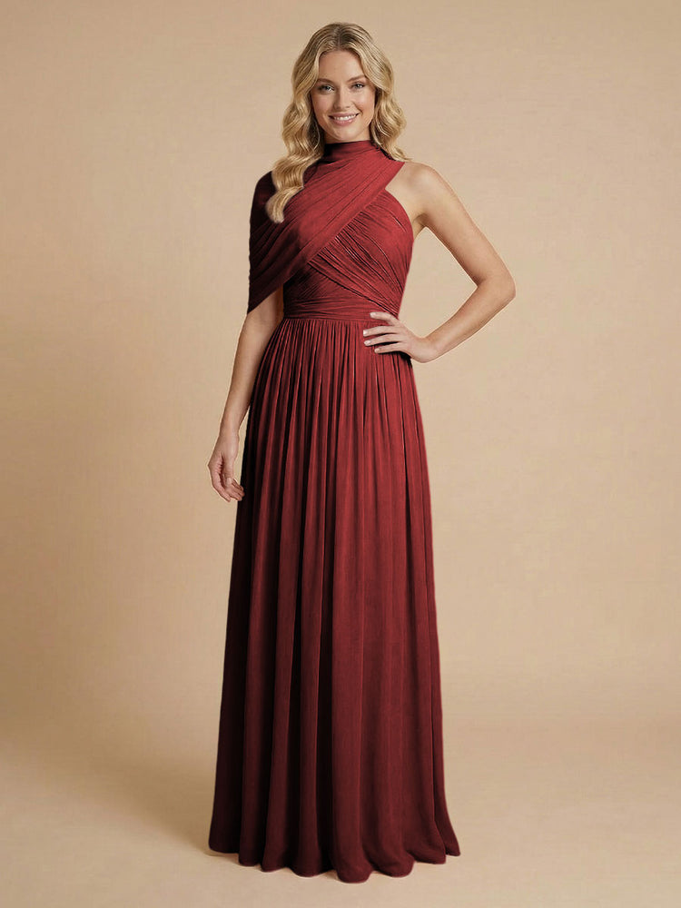 Chiffon A-Line High-Neck Asymmetric Long Bridesmaid Dresses with Pleats