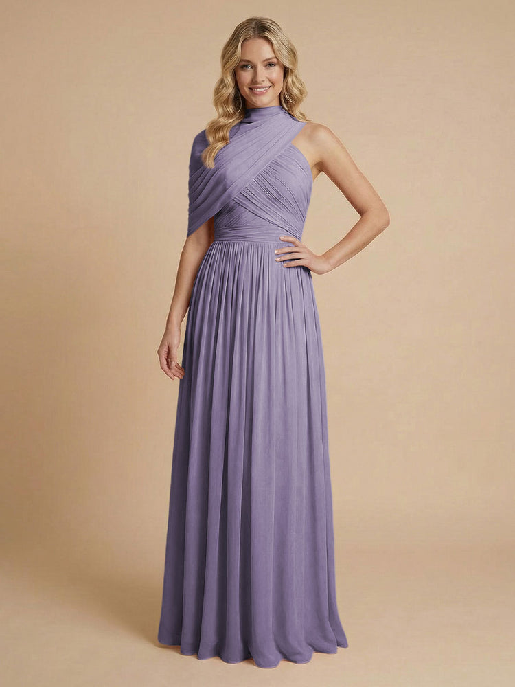 Chiffon A-Line High-Neck Asymmetric Long Bridesmaid Dresses with Pleats