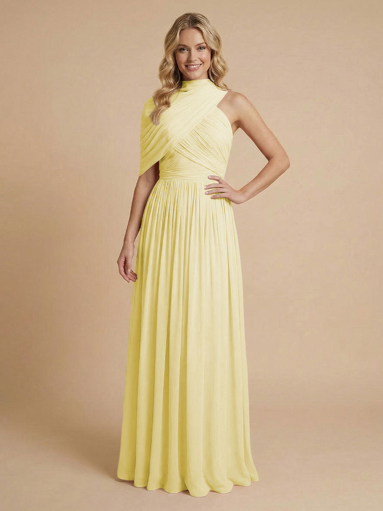 Chiffon A-Line High-Neck Asymmetric Long Bridesmaid Dresses with Pleats