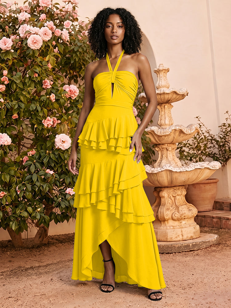 Chiffon A-Line Cross-Neck Long Bridesmaid Dresses with Layers