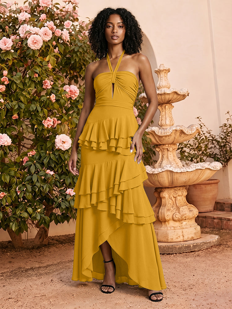 Chiffon A-Line Cross-Neck Long Bridesmaid Dresses with Layers
