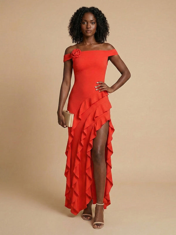 Jersey Sheath Off the Shoulder Long Bridesmaid Dresses with Slit