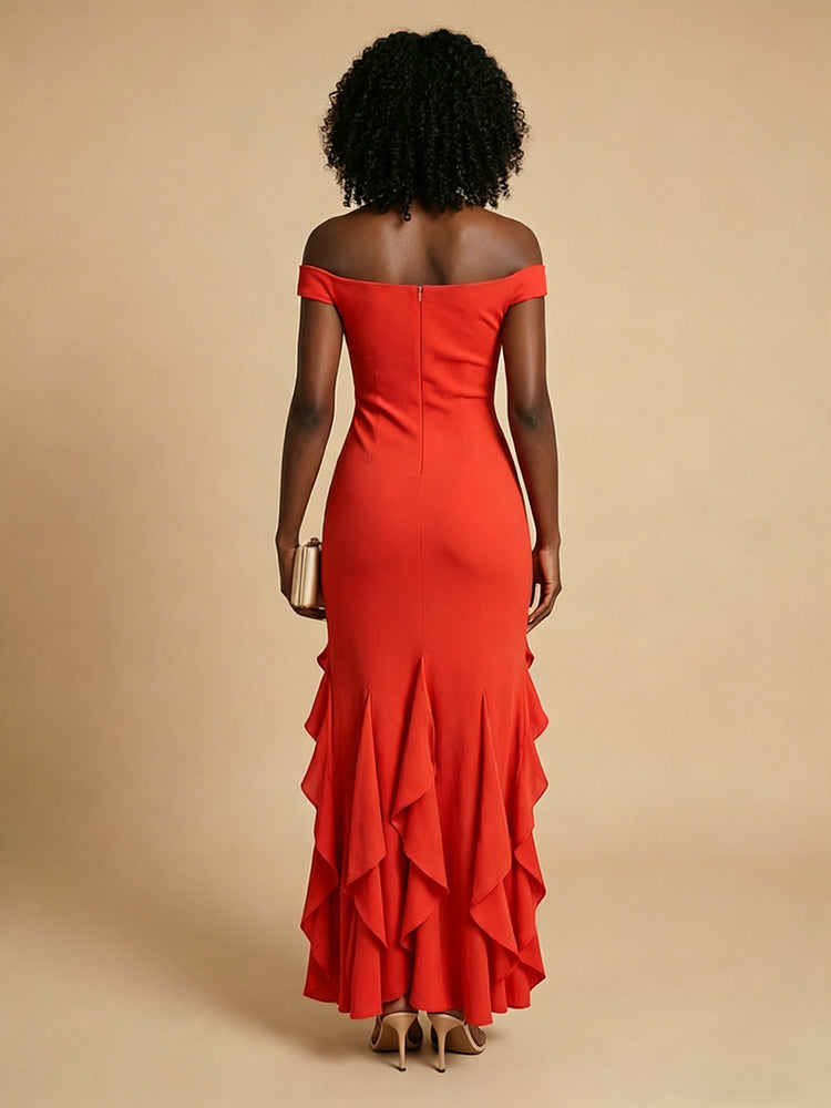 Jersey Sheath Off the Shoulder Long Bridesmaid Dresses with Slit