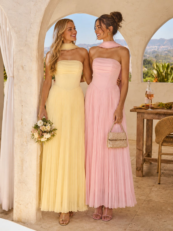 Chiffon A-Line Strapless Long Bridesmaid Dresses with Scarf