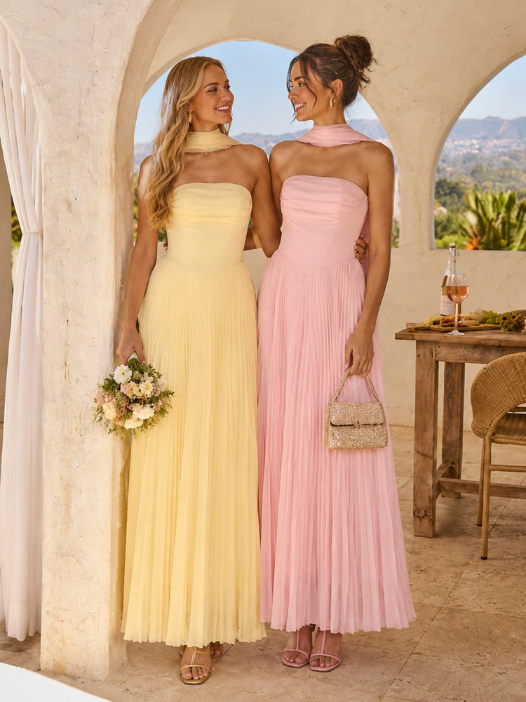 Chiffon A-Line Strapless Long Bridesmaid Dresses with Scarf