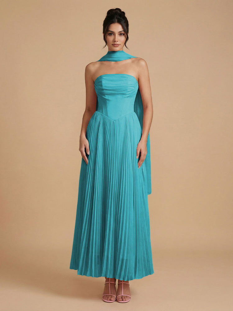 Chiffon A-Line Strapless Long Bridesmaid Dresses with Scarf
