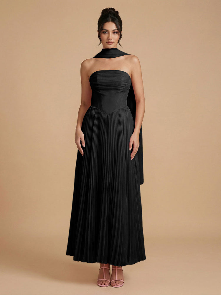 Chiffon A-Line Strapless Long Bridesmaid Dresses with Scarf