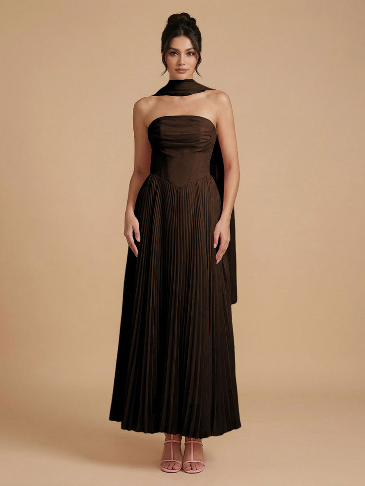 Chiffon A-Line Strapless Long Bridesmaid Dresses with Scarf