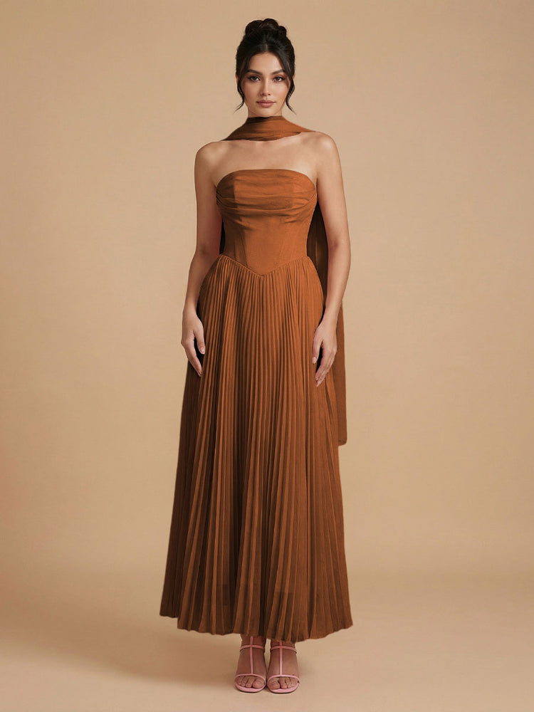 Chiffon A-Line Strapless Long Bridesmaid Dresses with Scarf