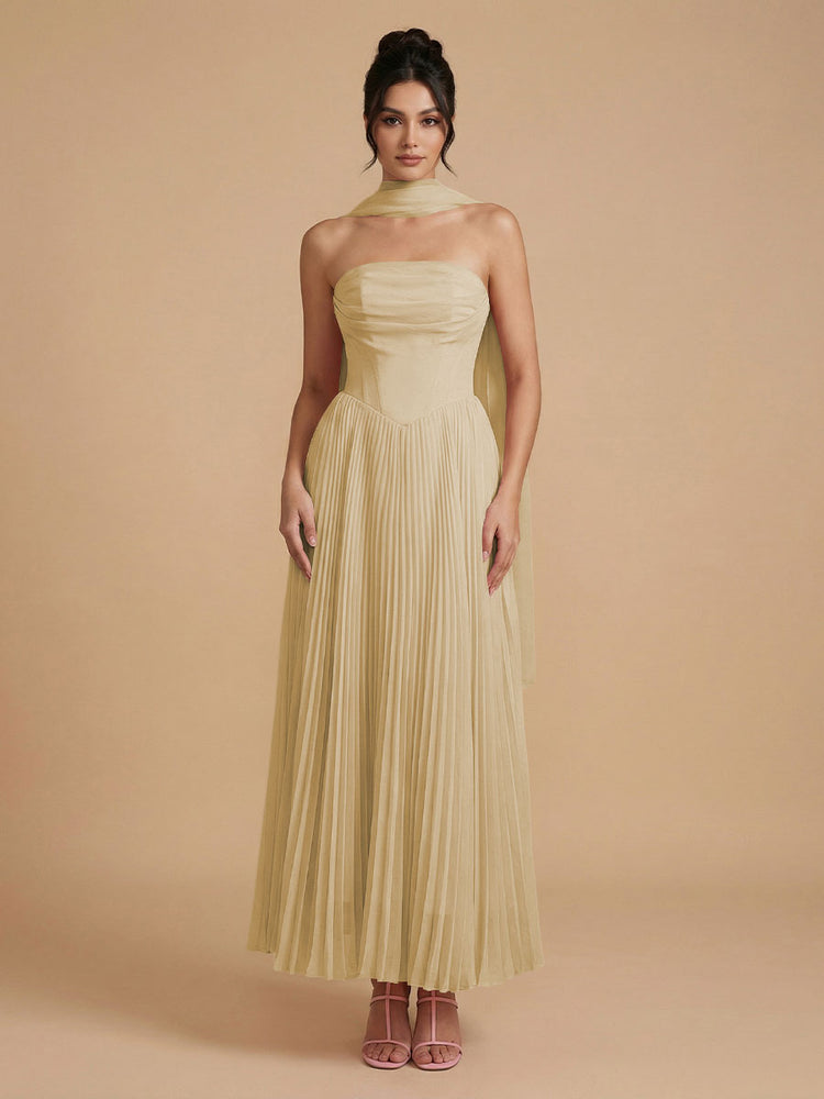 Chiffon A-Line Strapless Long Bridesmaid Dresses with Scarf