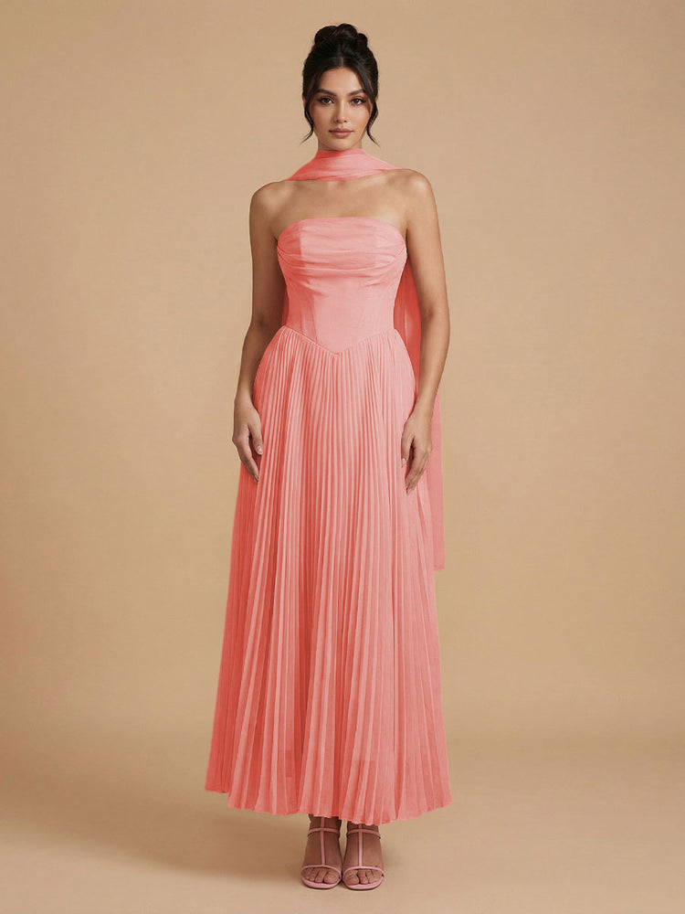 Chiffon A-Line Strapless Long Bridesmaid Dresses with Scarf