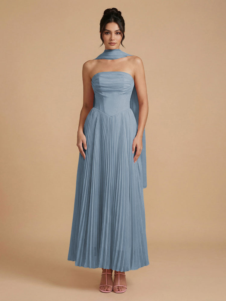 Chiffon A-Line Strapless Long Bridesmaid Dresses with Scarf