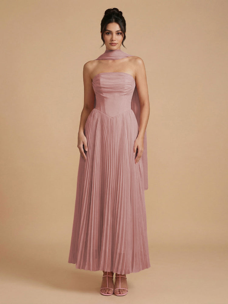 Chiffon A-Line Strapless Long Bridesmaid Dresses with Scarf