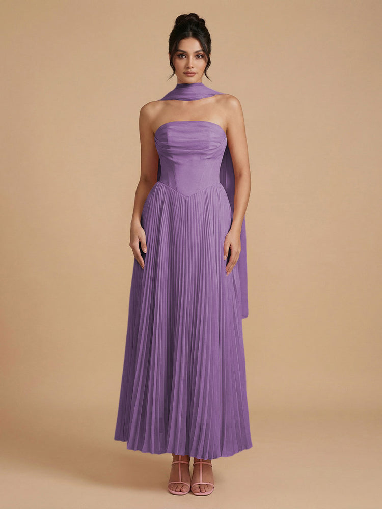 Chiffon A-Line Strapless Long Bridesmaid Dresses with Scarf