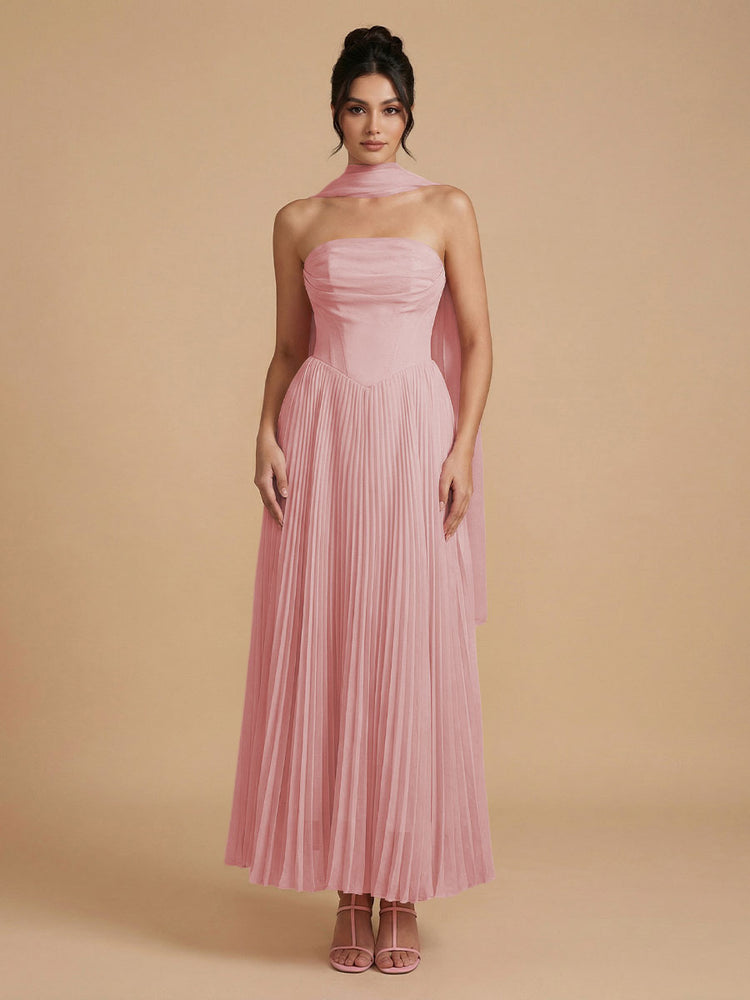 Chiffon A-Line Strapless Long Bridesmaid Dresses with Scarf