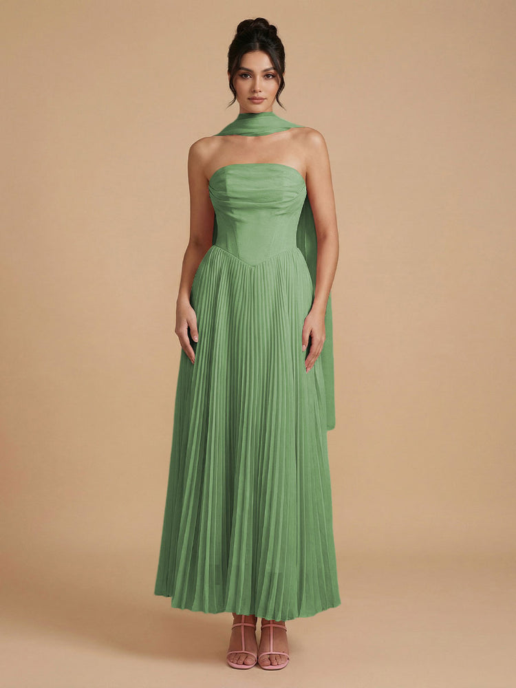Chiffon A-Line Strapless Long Bridesmaid Dresses with Scarf