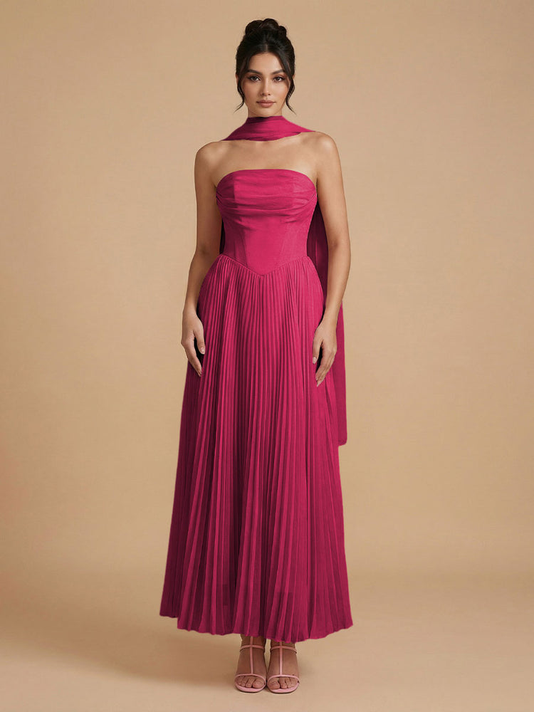 Chiffon A-Line Strapless Long Bridesmaid Dresses with Scarf