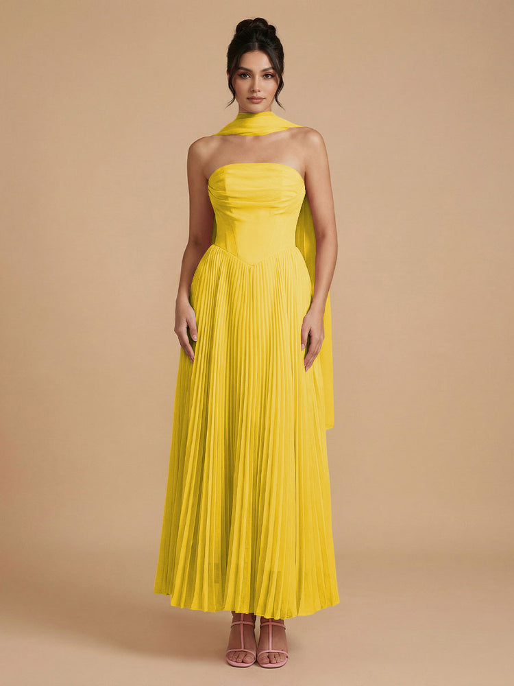 Chiffon A-Line Strapless Long Bridesmaid Dresses with Scarf